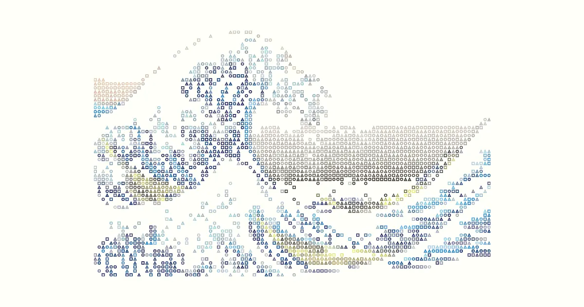 Digital map of Europe formed with binary code in shades of blue, grey, and white, with red, yellow, and blue highlights in so