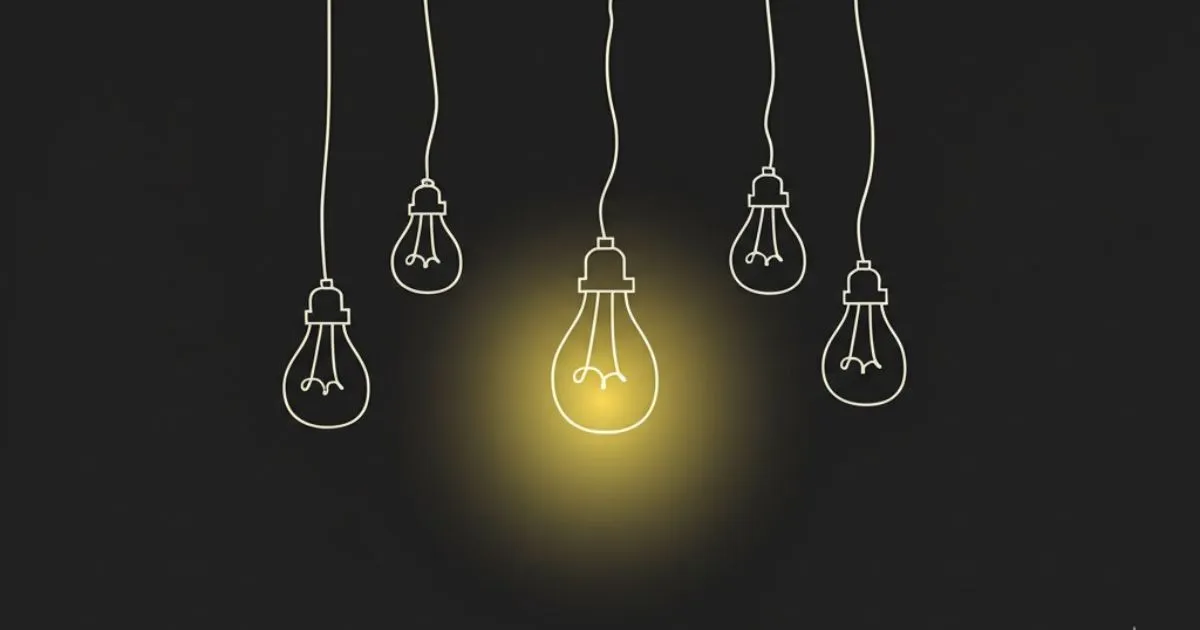 Five hanging light bulbs against a black backdrop, with the central bulb glowing yellow, symbolizing individuality.