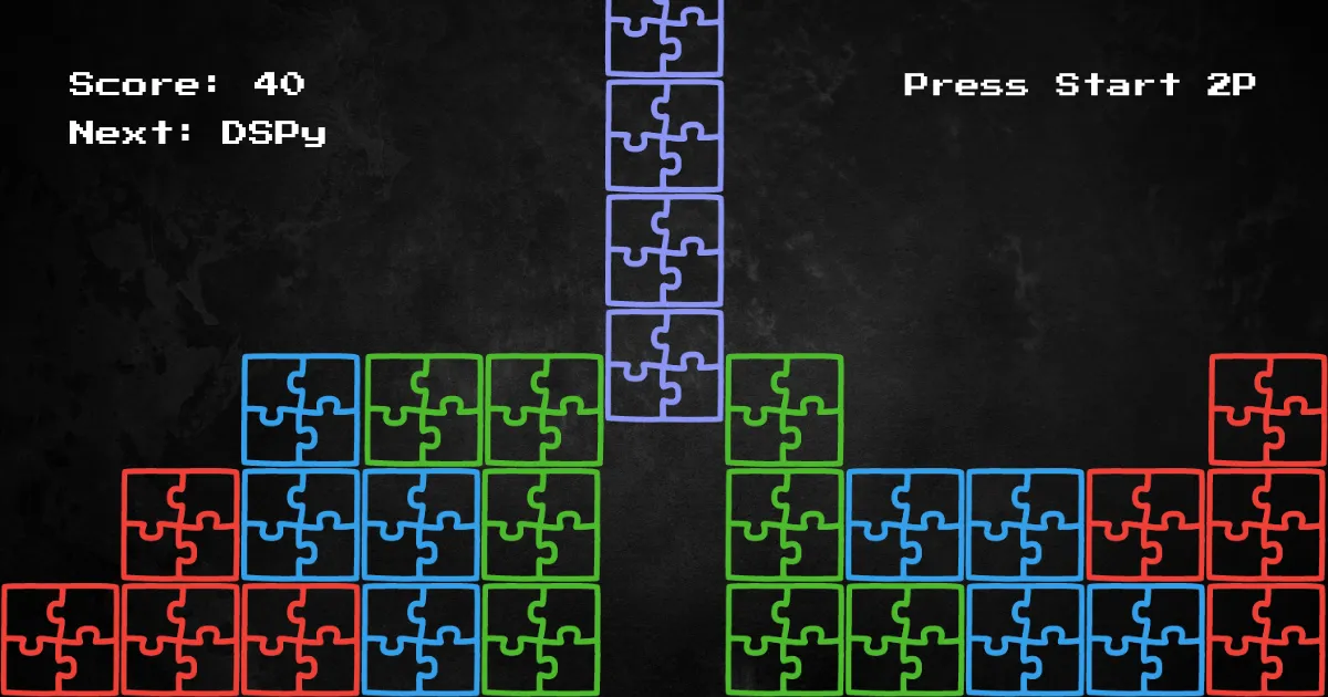 Screenshot of a Tetris-like game with "Score: 40" and "Press Start 2P" text on display.