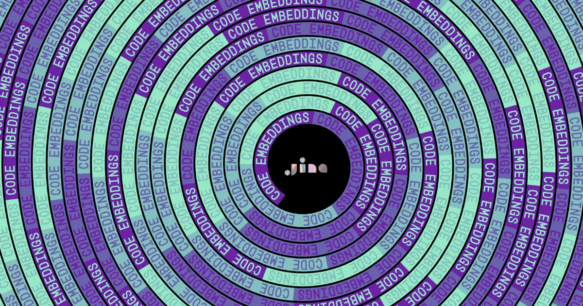 Abstract image with concentric circles in purple and green, featuring "jina" logo and repeated "code embeddings" text around