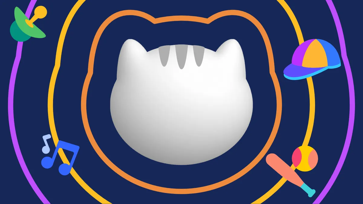 Colorful illustration with a stylized white cat face framed by an orange circular pattern in the center, against a dark blue