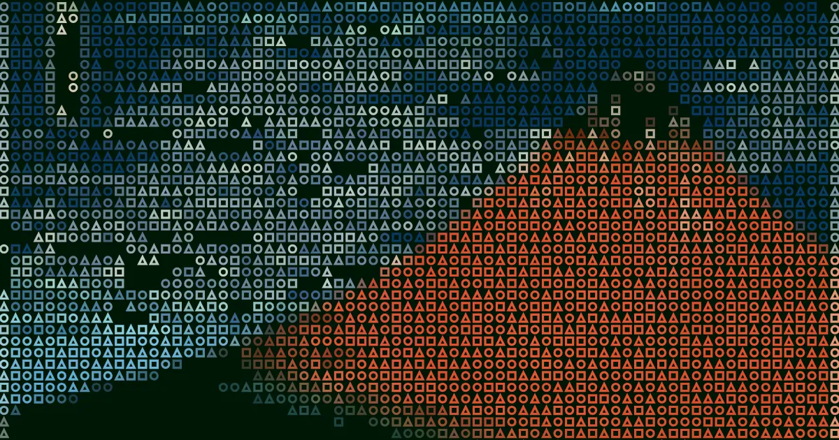 Abstract artistic portrait using a montage of colorful squares and scattered text.