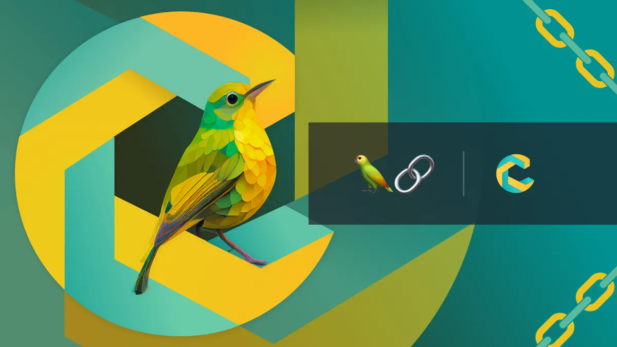 Abstract artwork of two stylized green and yellow birds against a geometric backdrop with a prominent letter 'C'