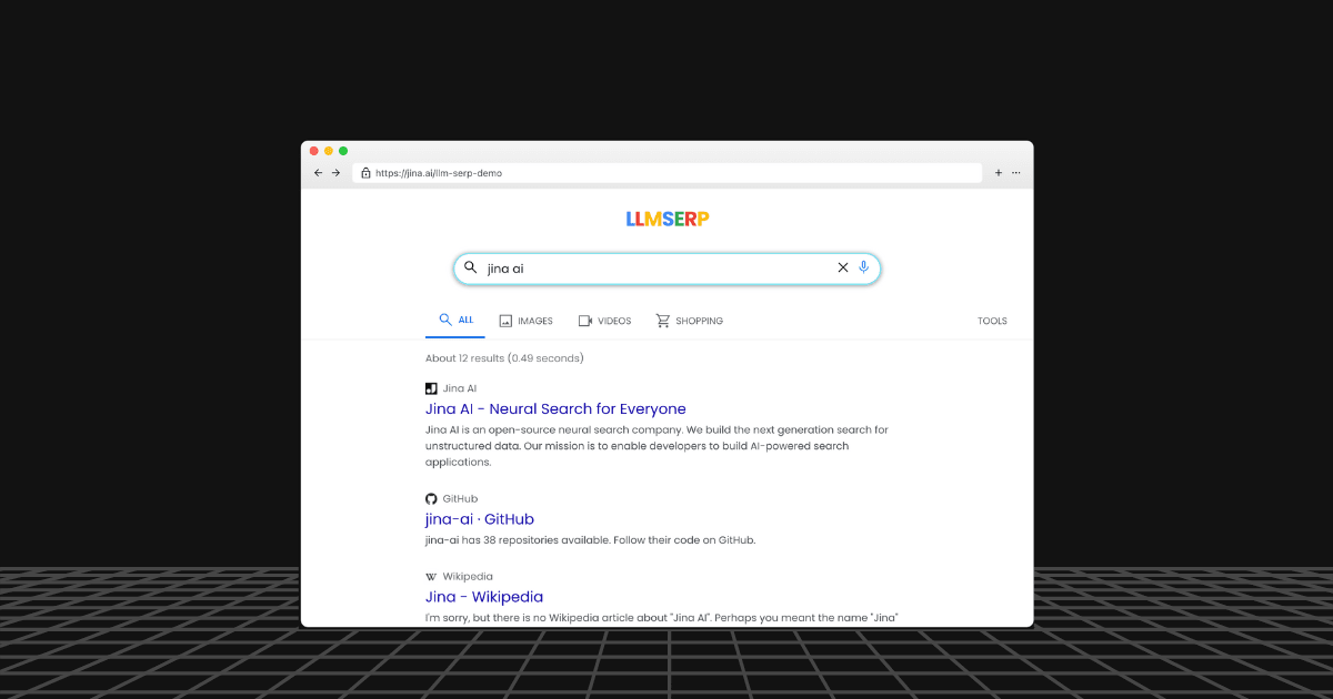 Screenshot of a search engine displaying results for 'Jina AI' featuring links to GitHub, Wikipedia, and other resources on a