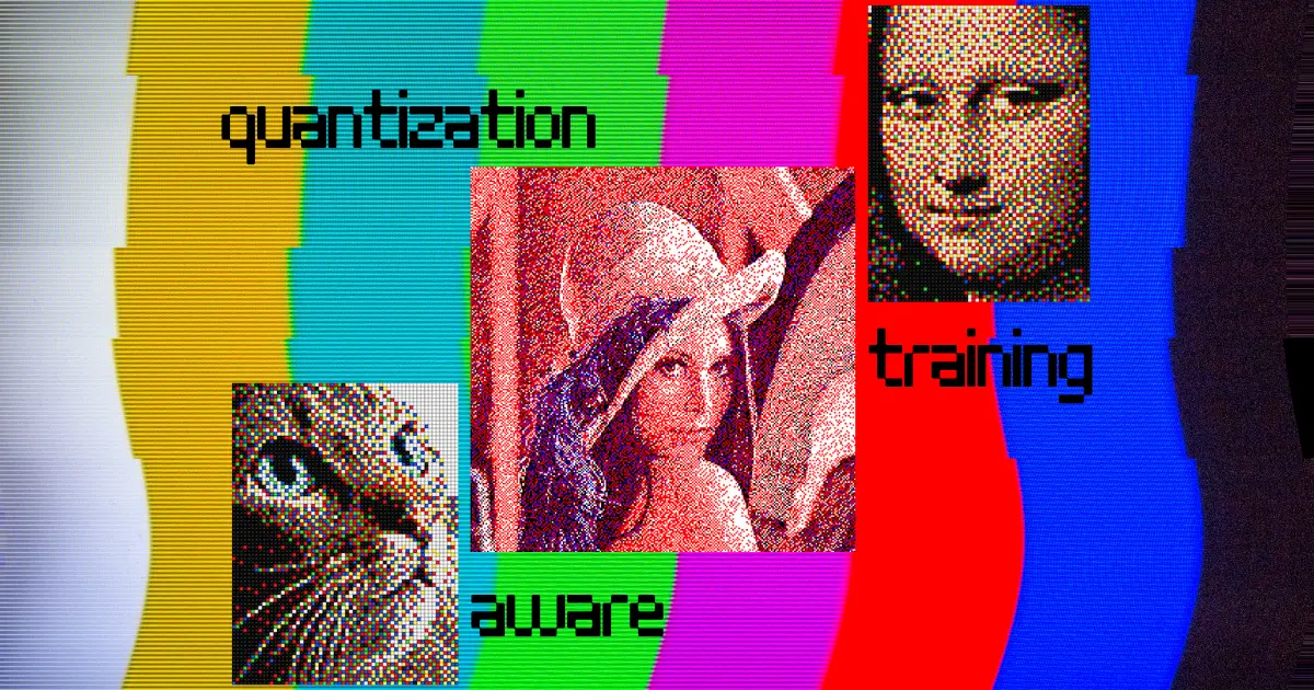 Retro-style digital screen displaying four pixelated images: a cat, a woman, an abstract figure, and a man's portrait, with l