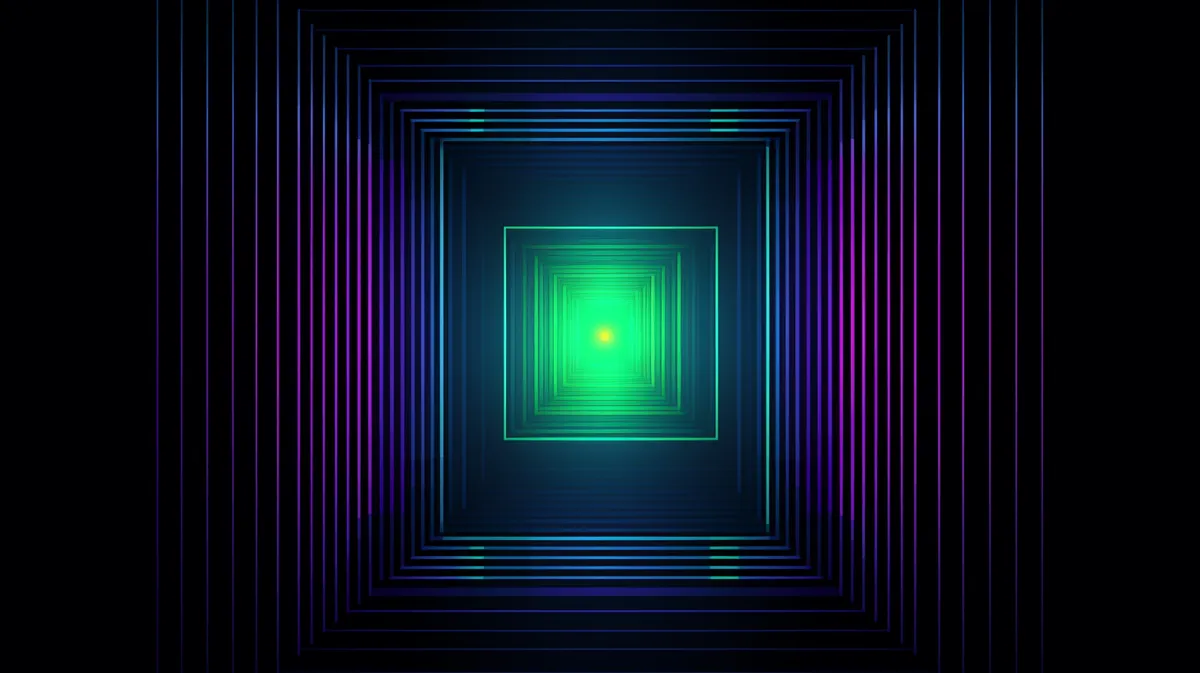 Abstract digital art of a neon square tunnel with radiant blue, green, and purple colors on a black background