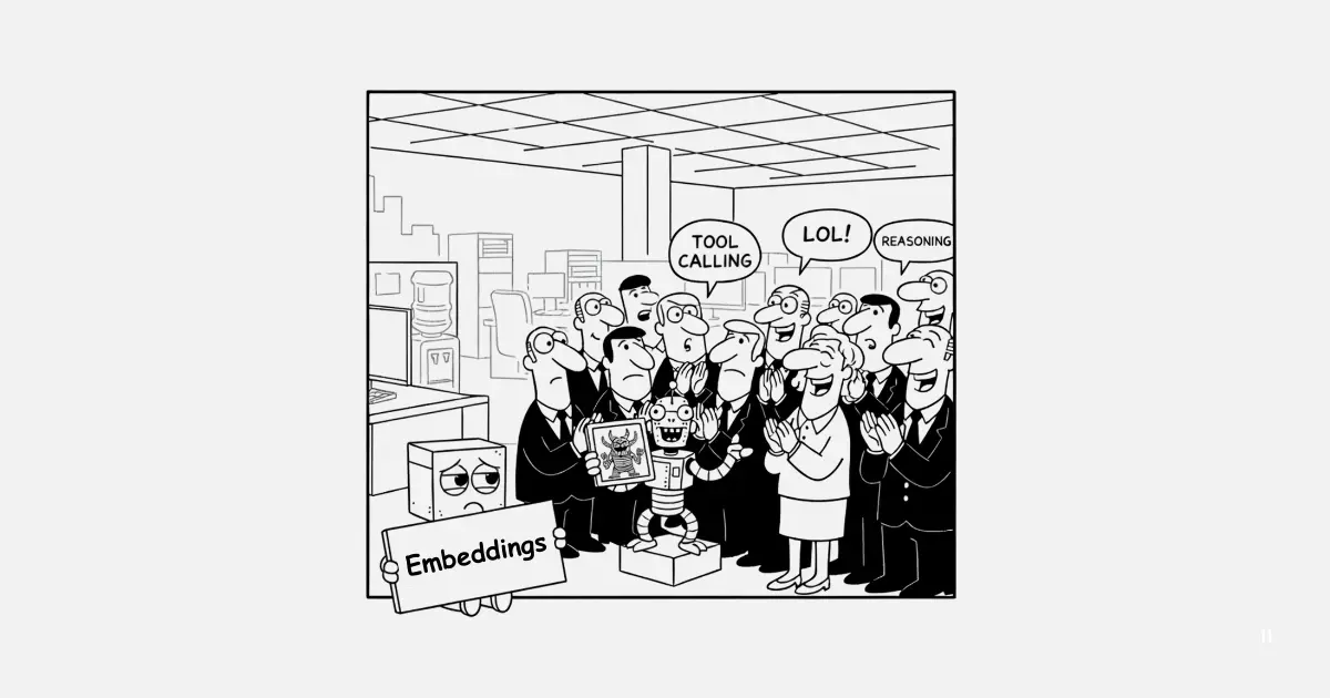 Humorous office cartoon depicting a team gathered around robots; signs labeled "embeddings", "tools", "reasoning", and "lol"